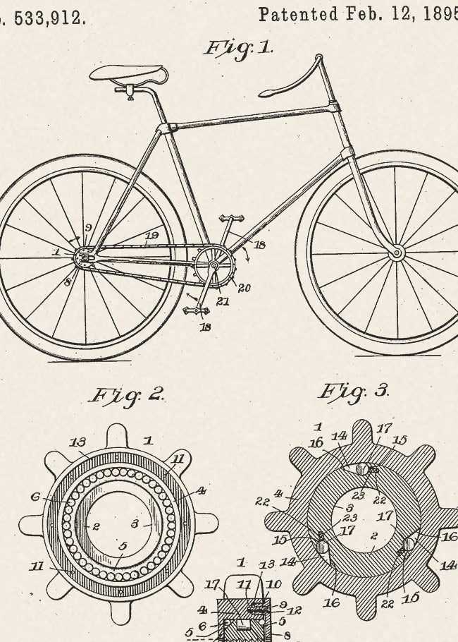 Plakaty dla rowerzysty: rysunki patentowe vintage: zbliżenie szczegółów