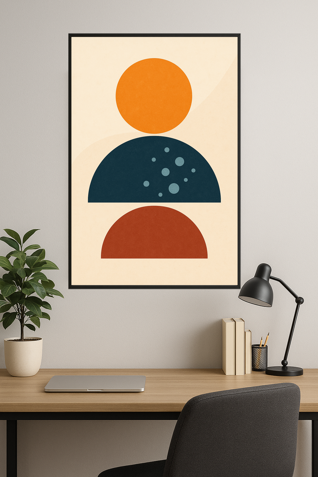 Abstract art with orange circle, blue and red semi-circles, and bubbles.- gabinet