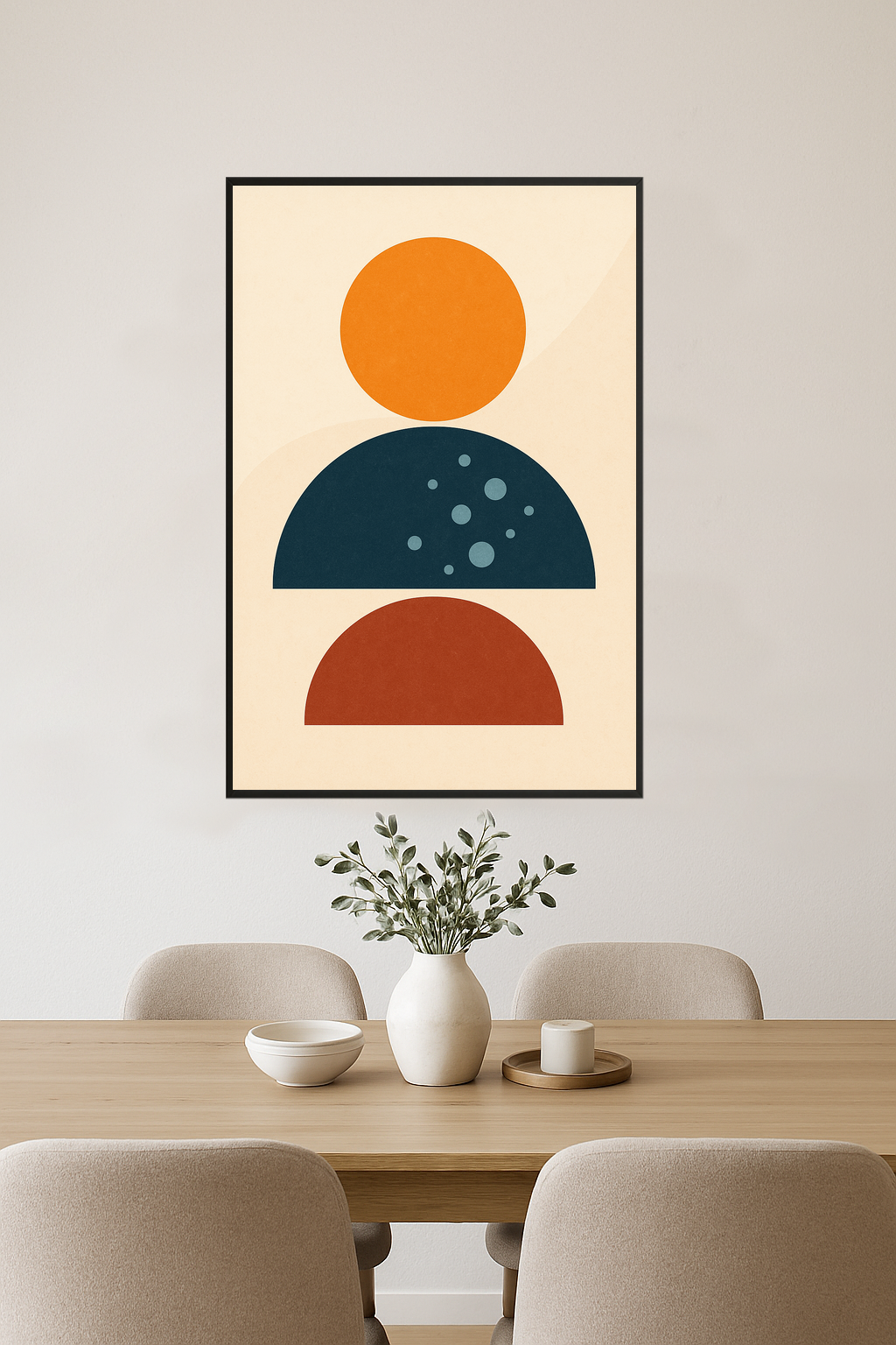 Abstract art with orange circle, blue and red semi-circles, and bubbles.- jadalnia