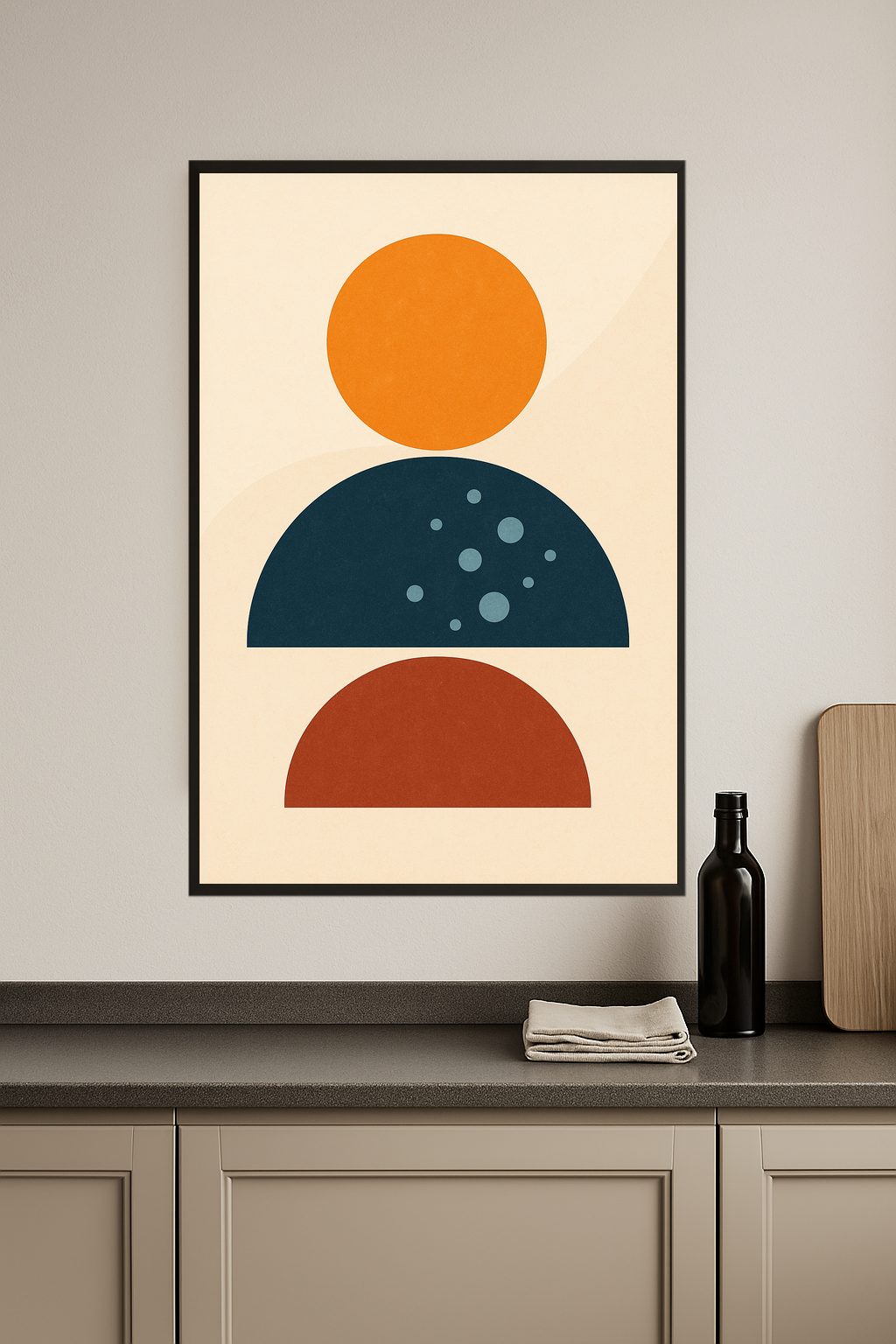 Abstract art with orange circle, blue and red semi-circles, and bubbles.- kuchnia
