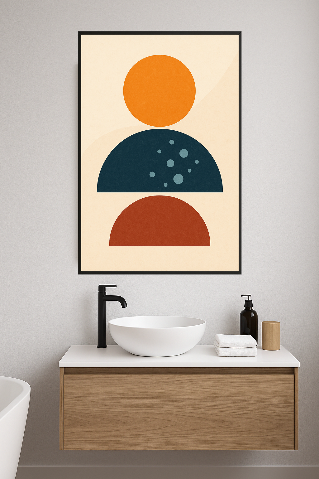 Abstract art with orange circle, blue and red semi-circles, and bubbles.- lazienka