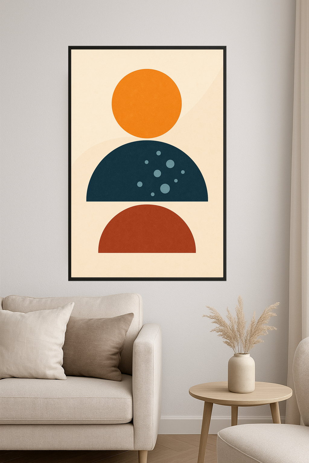 Abstract art with orange circle, blue and red semi-circles, and bubbles.- salon
