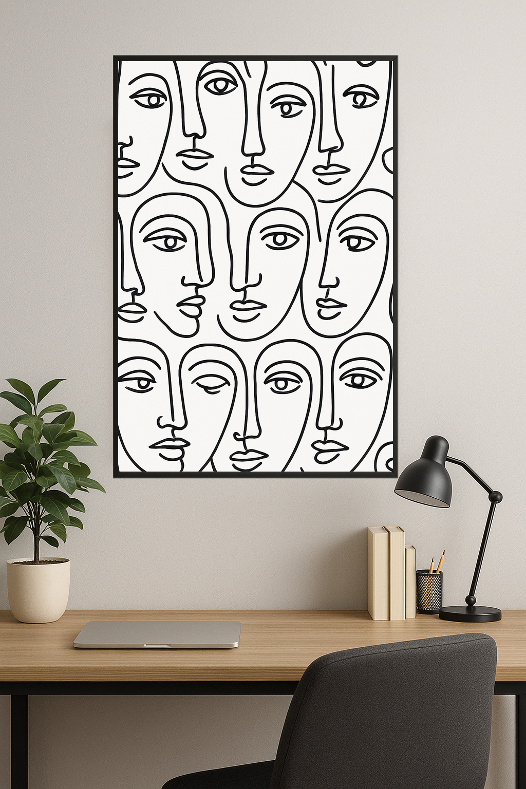 Abstract line drawings of faces in black on white background.- gabinet