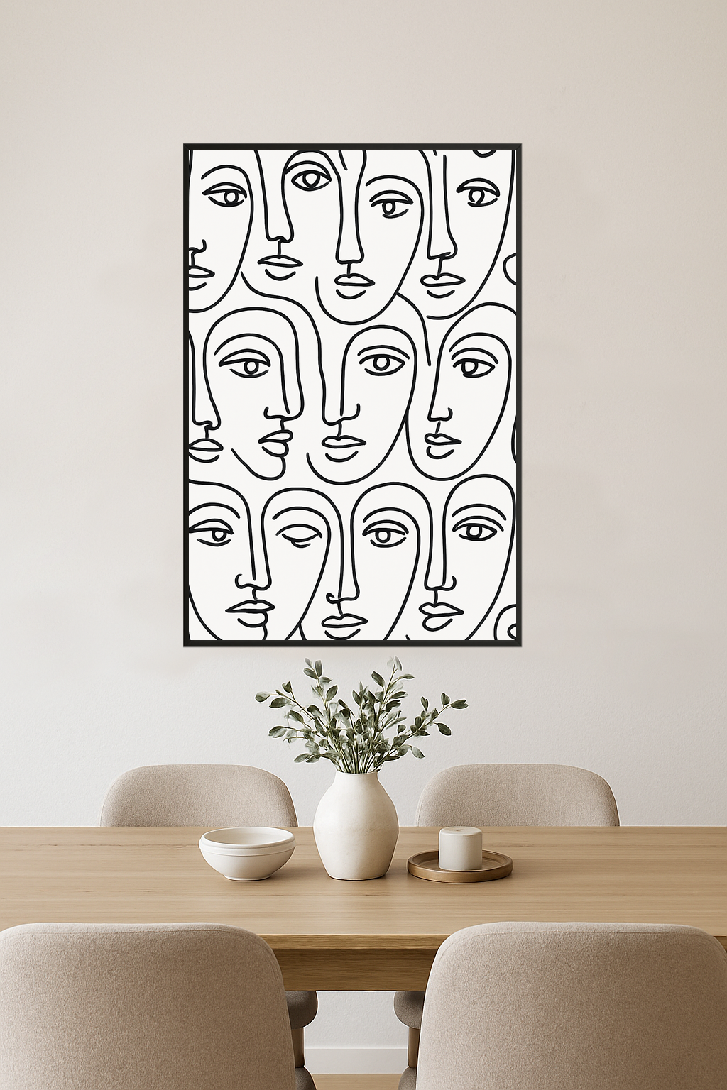 Abstract line drawings of faces in black on white background.- jadalnia