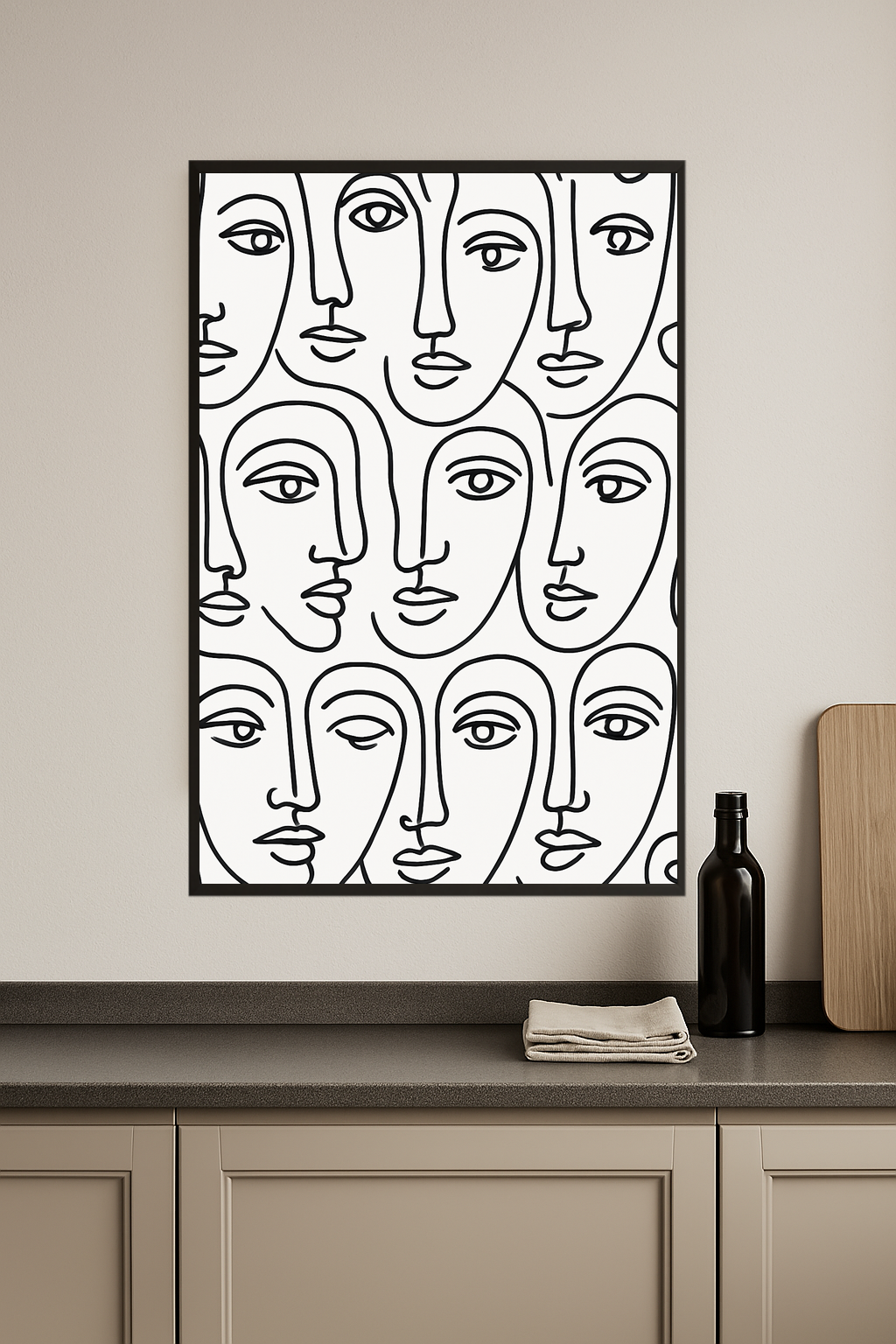Abstract line drawings of faces in black on white background.- kuchnia