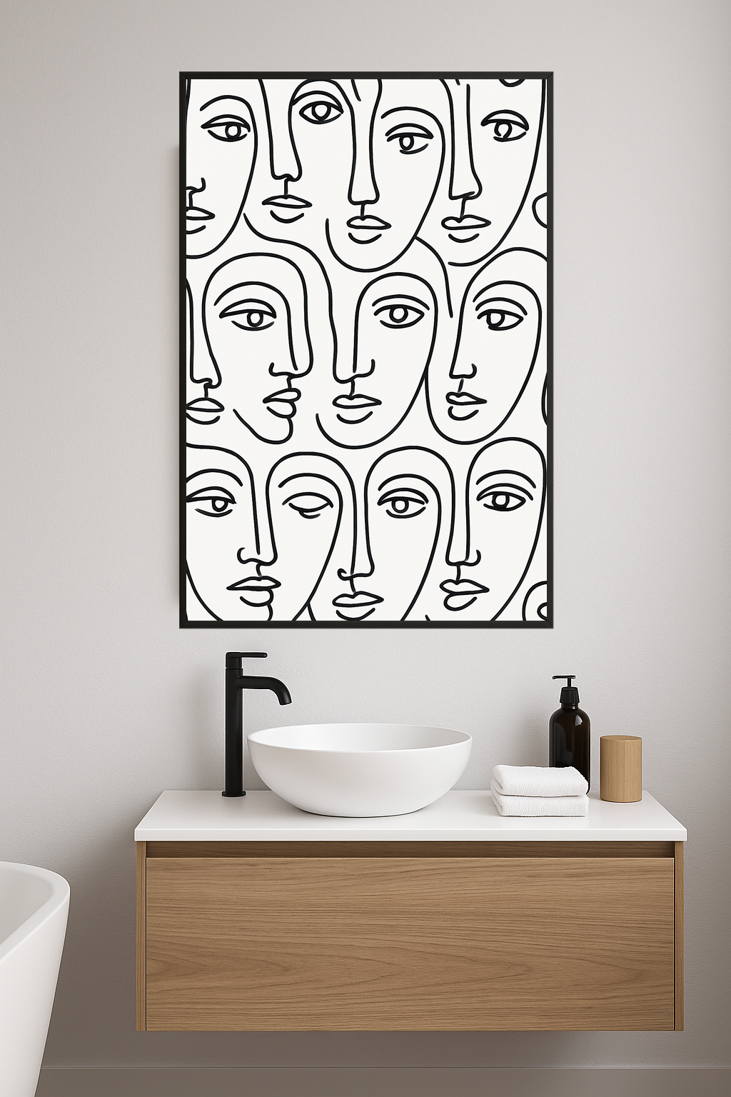 Abstract line drawings of faces in black on white background.- lazienka