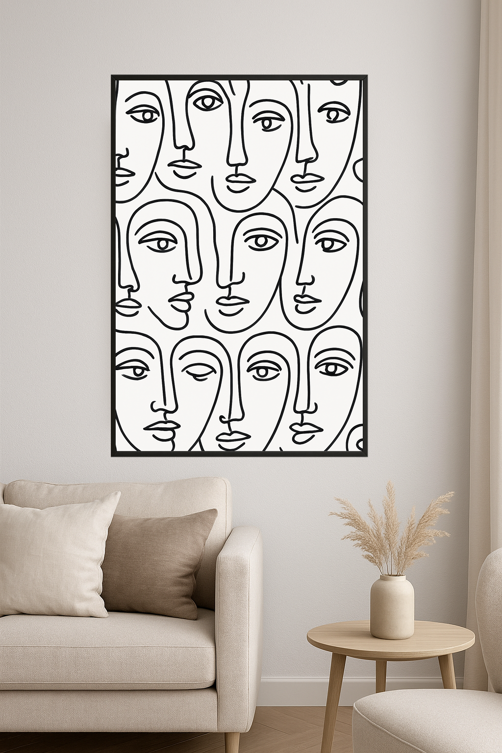 Abstract line drawings of faces in black on white background.- salon