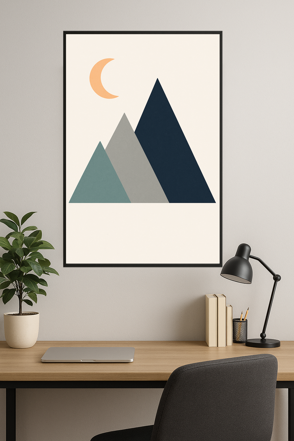 Abstract mountains in blue, gray, and teal with an orange crescent moon.- gabinet
