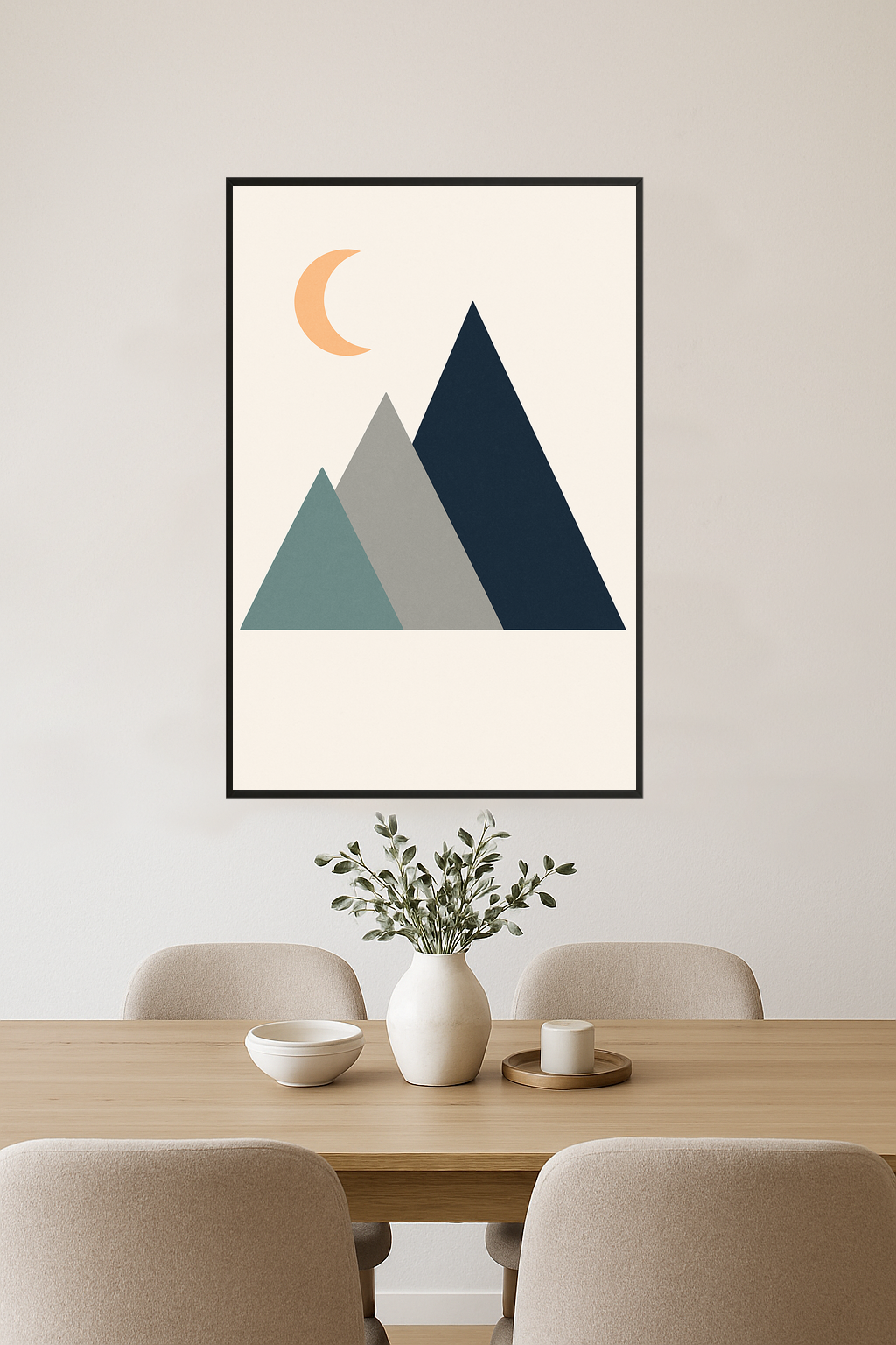 Abstract mountains in blue, gray, and teal with an orange crescent moon.- jadalnia