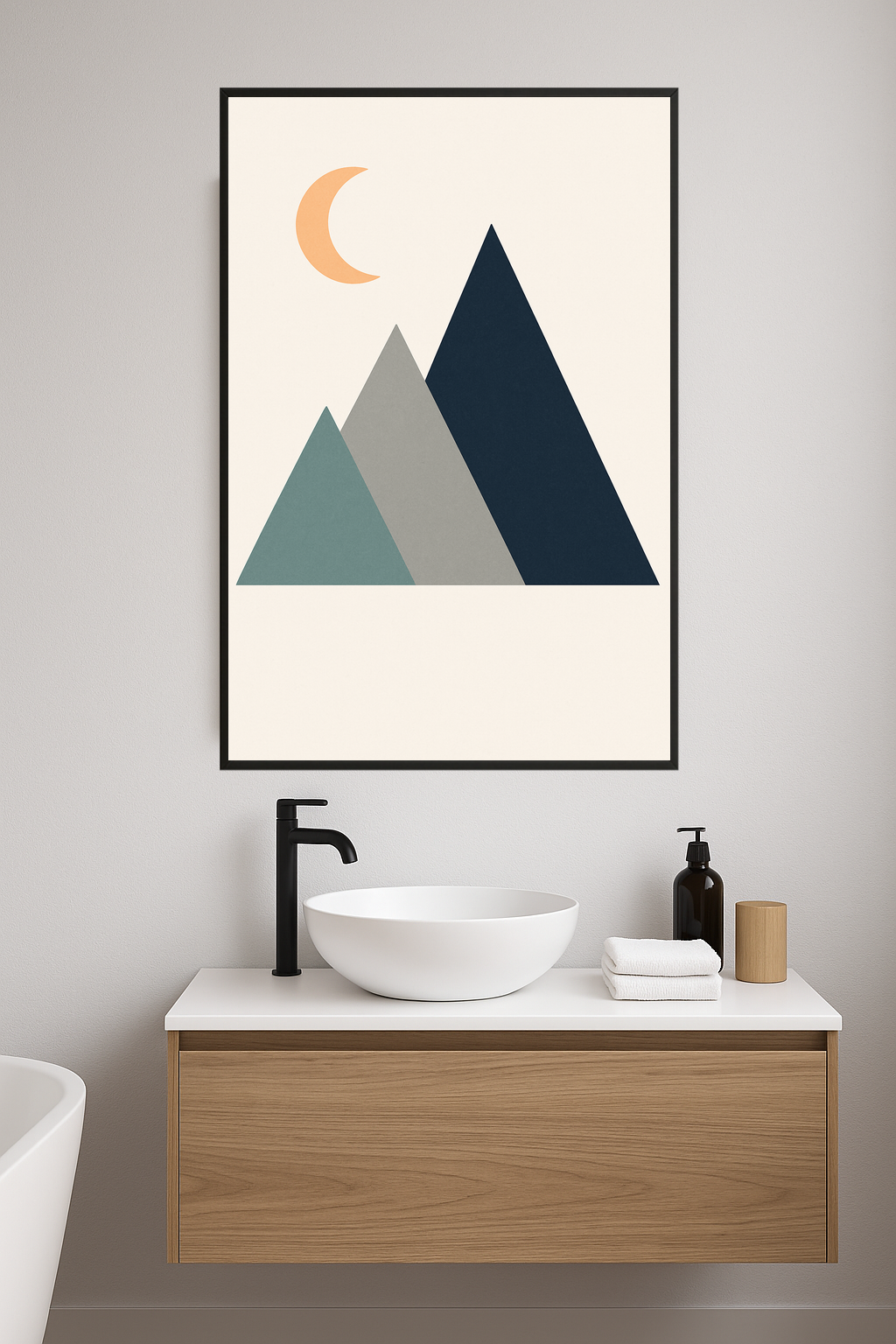 Abstract mountains in blue, gray, and teal with an orange crescent moon.- lazienka