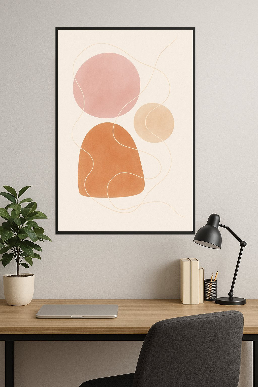 Abstract shapes in soft colors: pink, brown, and orange with delicate lines.- gabinet
