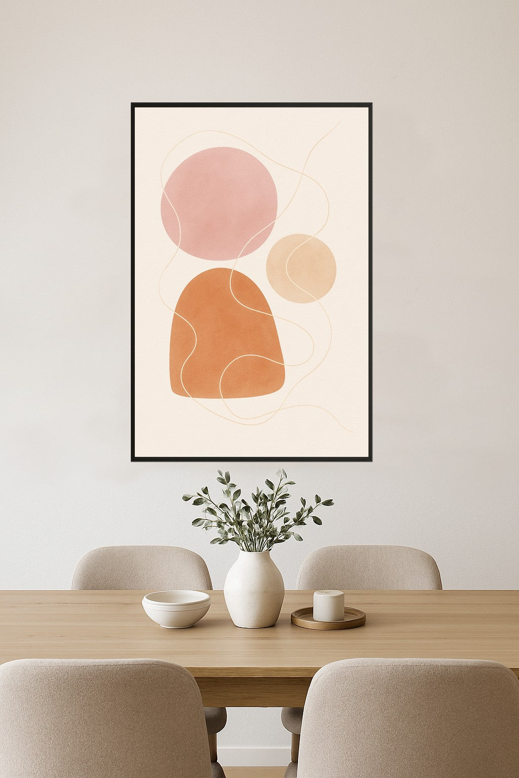 Abstract shapes in soft colors: pink, brown, and orange with delicate lines.- jadalnia