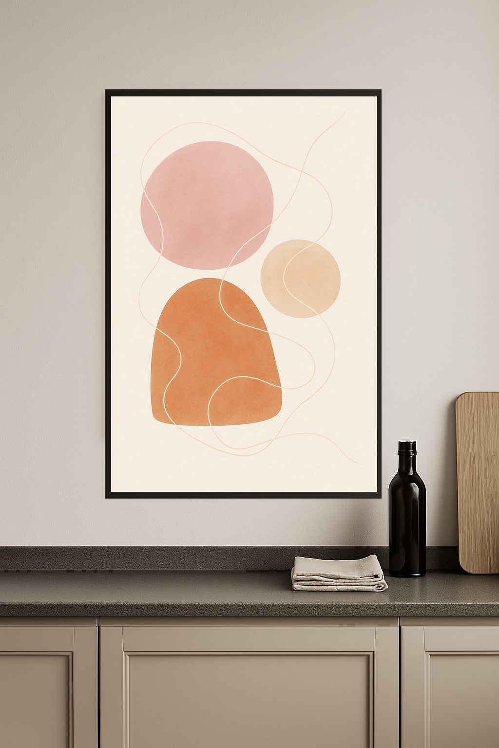 Abstract shapes in soft colors: pink, brown, and orange with delicate lines.- kuchnia