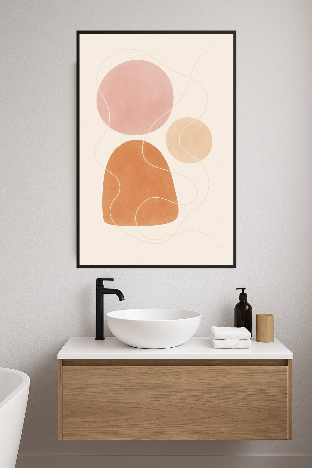 Abstract shapes in soft colors: pink, brown, and orange with delicate lines.- lazienka