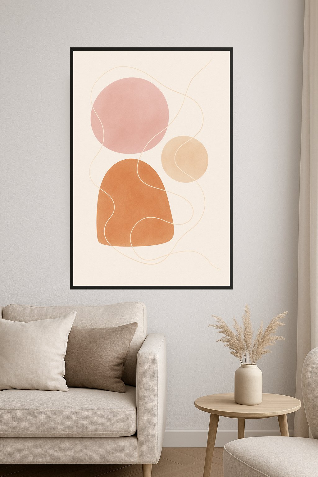 Abstract shapes in soft colors: pink, brown, and orange with delicate lines.- salon
