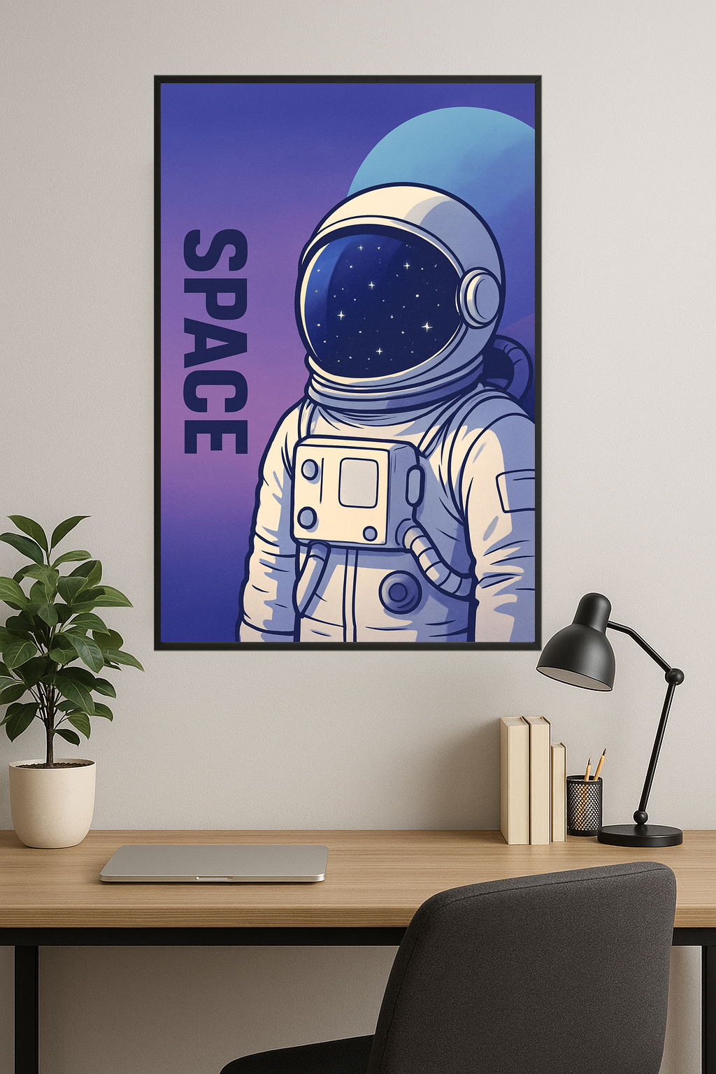Astronaut in a white suit with a reflective helmet against a blue and purple space background.- gabinet