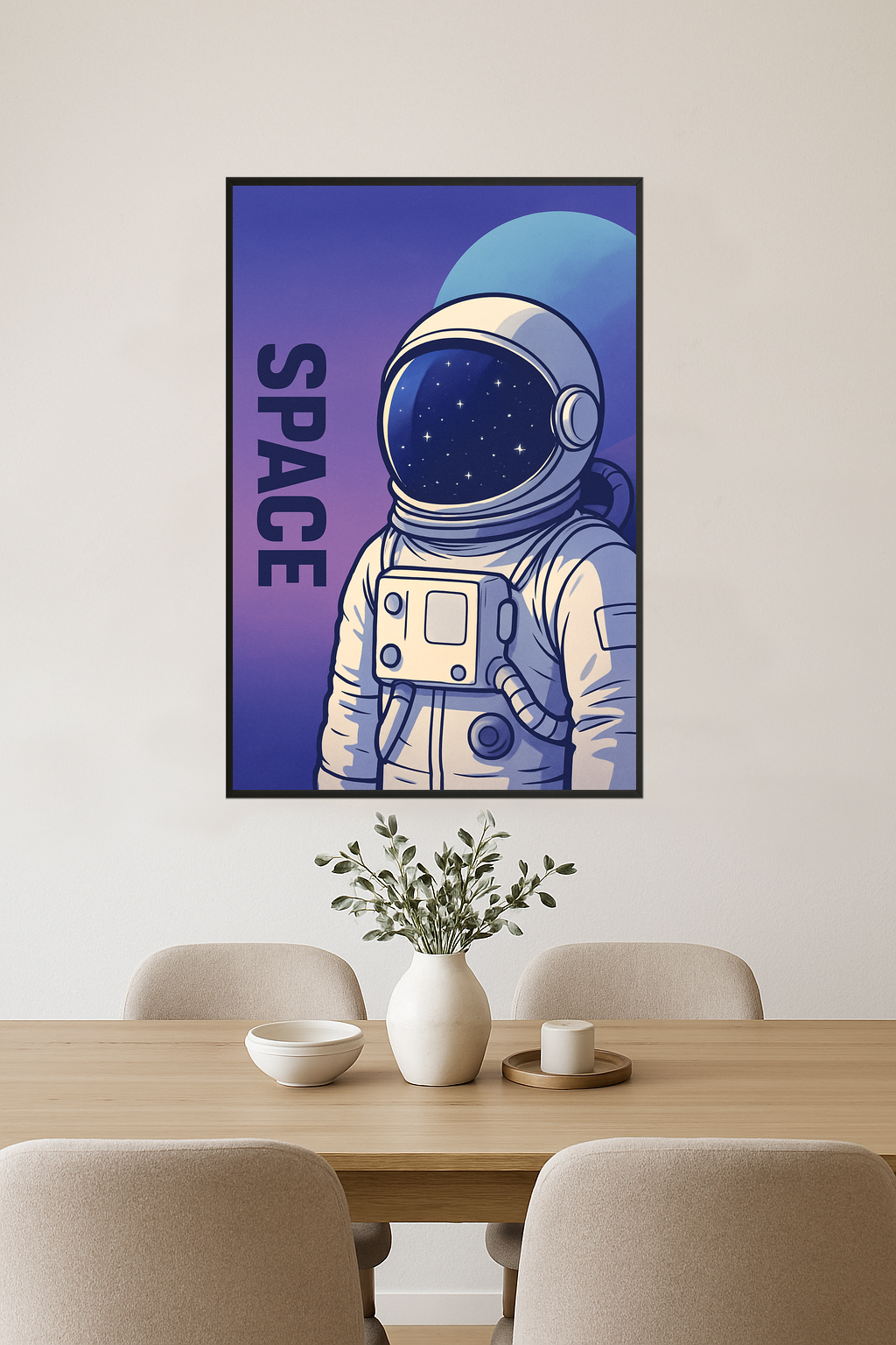 Astronaut in a white suit with a reflective helmet against a blue and purple space background.- jadalnia