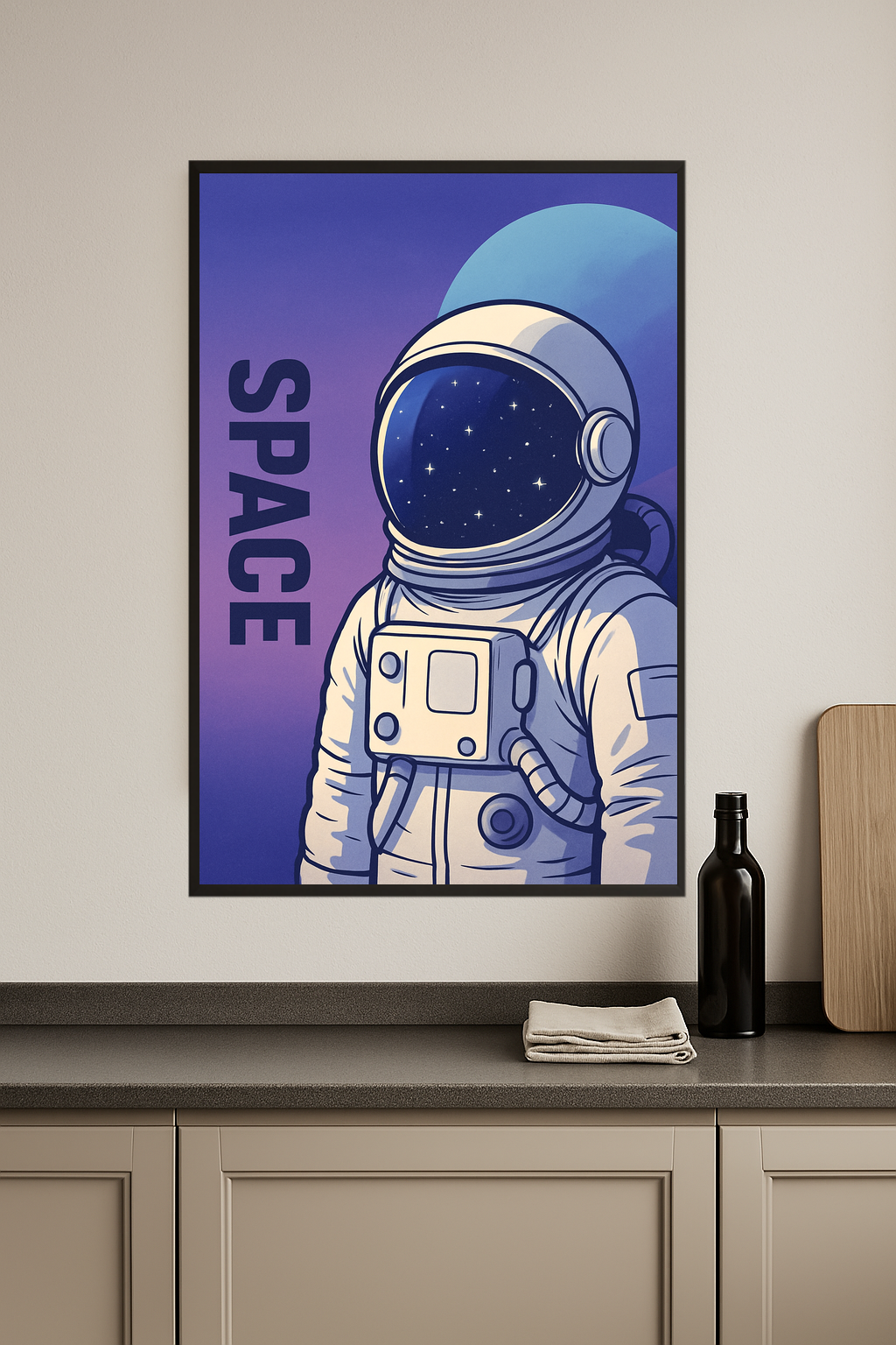 Astronaut in a white suit with a reflective helmet against a blue and purple space background.- kuchnia