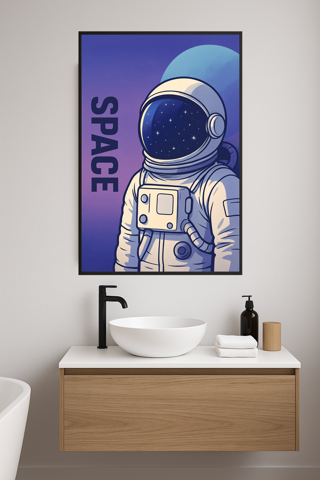 Astronaut in a white suit with a reflective helmet against a blue and purple space background.- lazienka