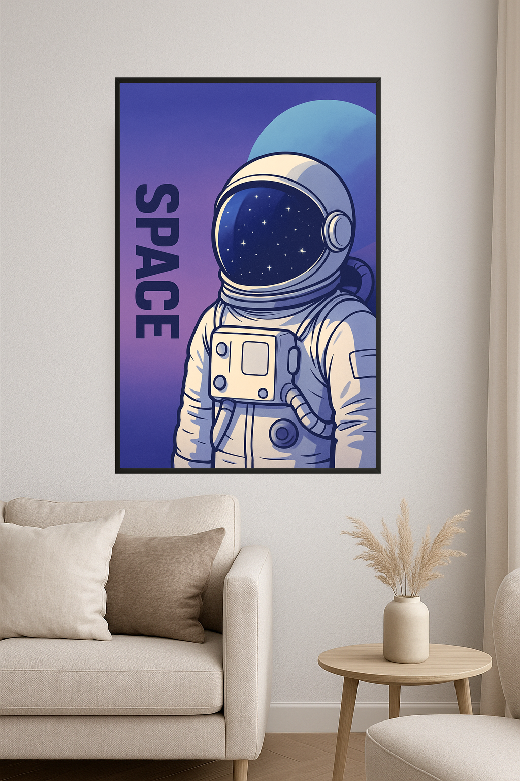 Astronaut in a white suit with a reflective helmet against a blue and purple space background.- salon