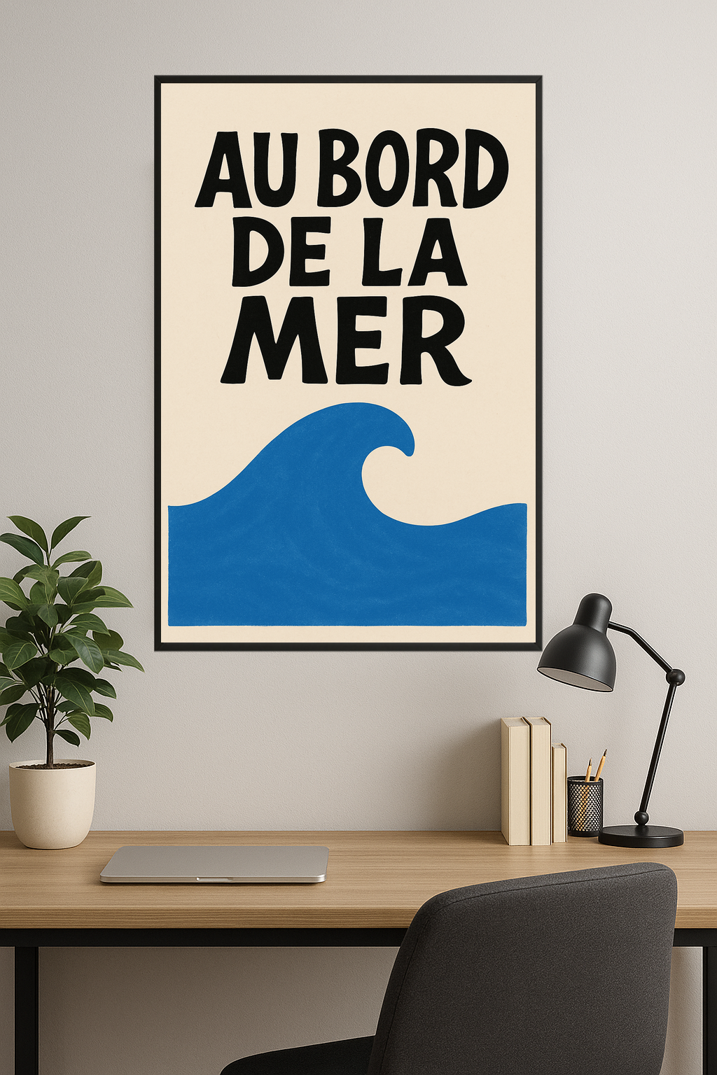 Stylized text 'AU BORD DE LA MER' above a blue wave shape.- gabinet
