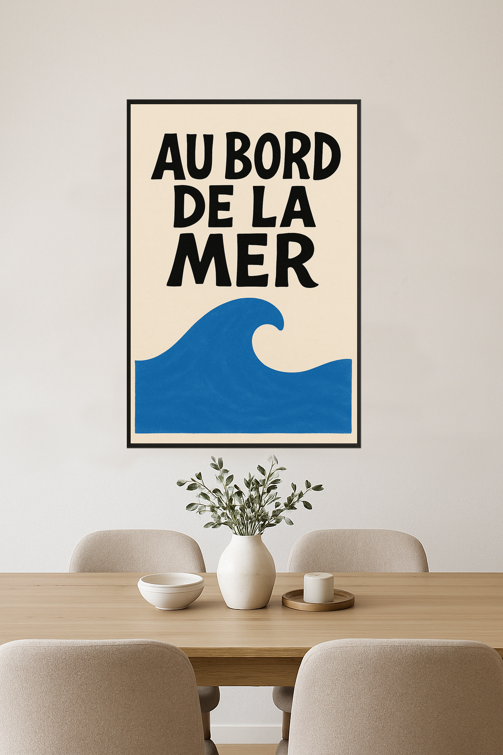 Stylized text 'AU BORD DE LA MER' above a blue wave shape.- jadalnia