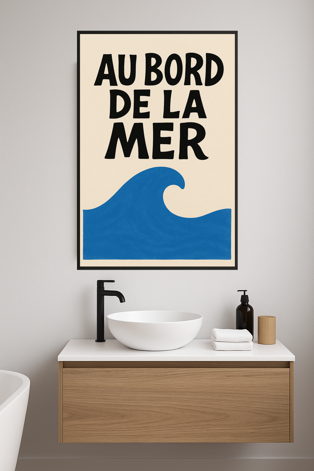 Stylized text 'AU BORD DE LA MER' above a blue wave shape.- lazienka