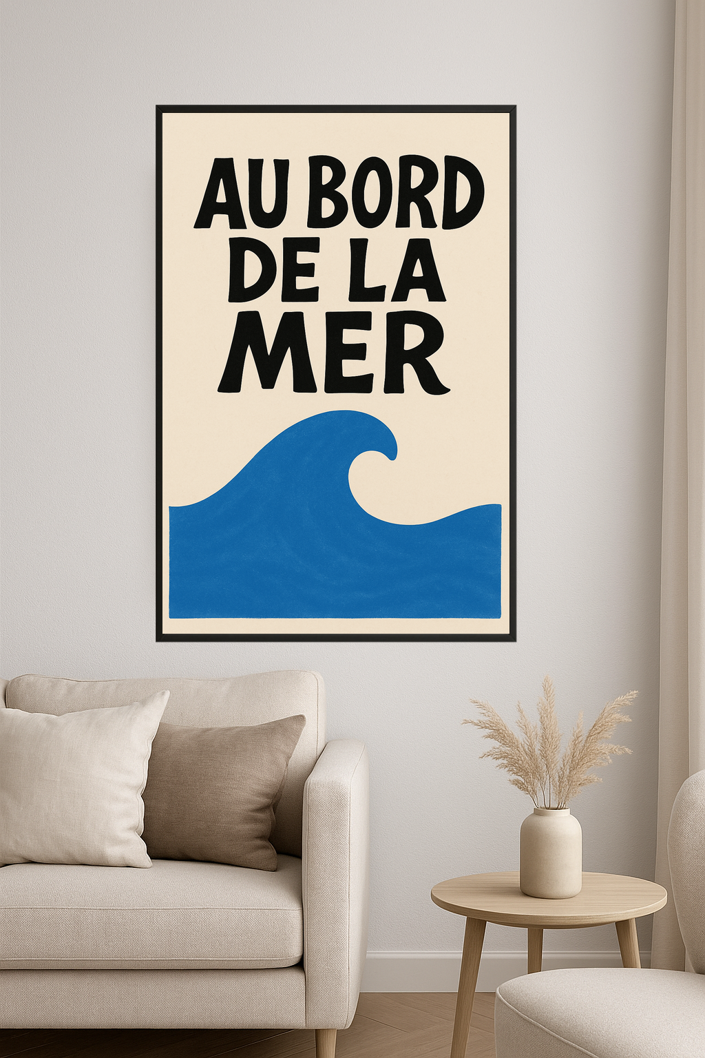 Stylized text 'AU BORD DE LA MER' above a blue wave shape.- salon