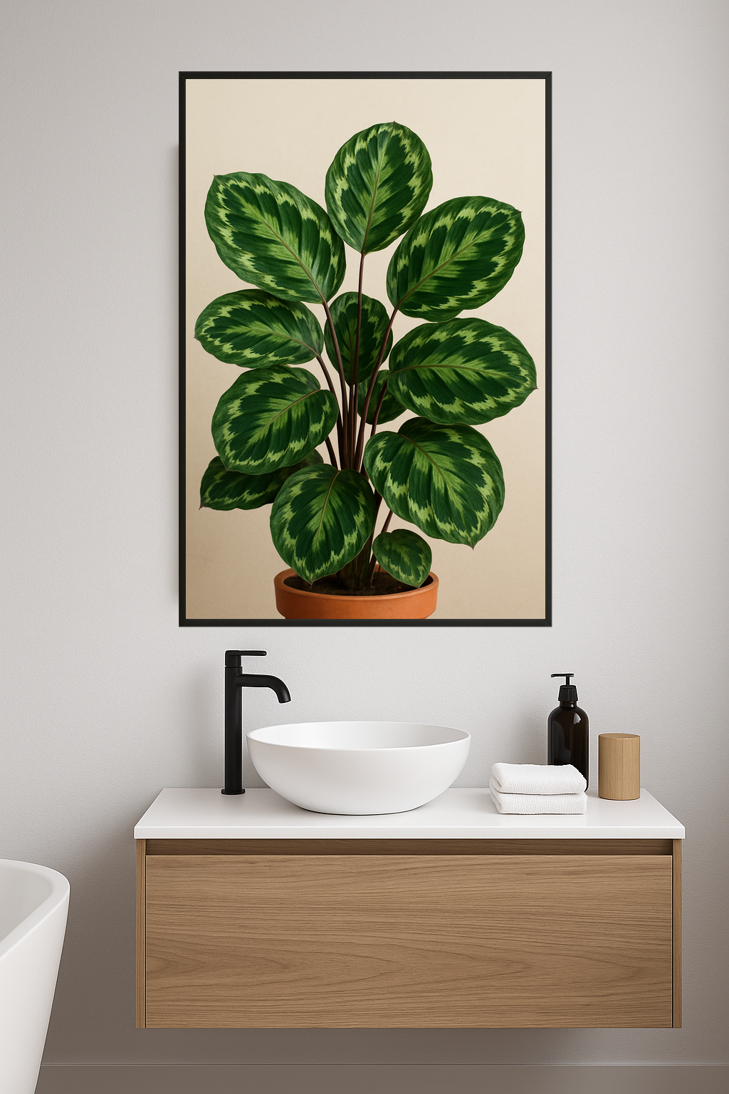 Illustration of Calathea roseopicta plant with green leaves.- lazienka