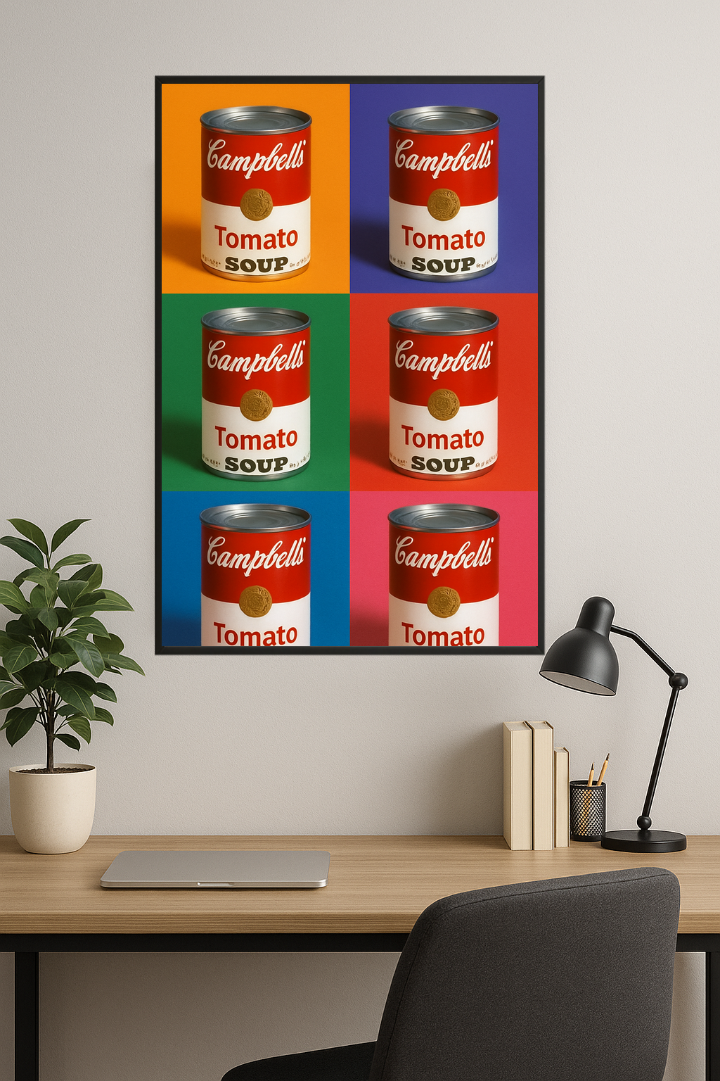 Six colorful cans of Campbell's Tomato Soup in various backgrounds.- gabinet