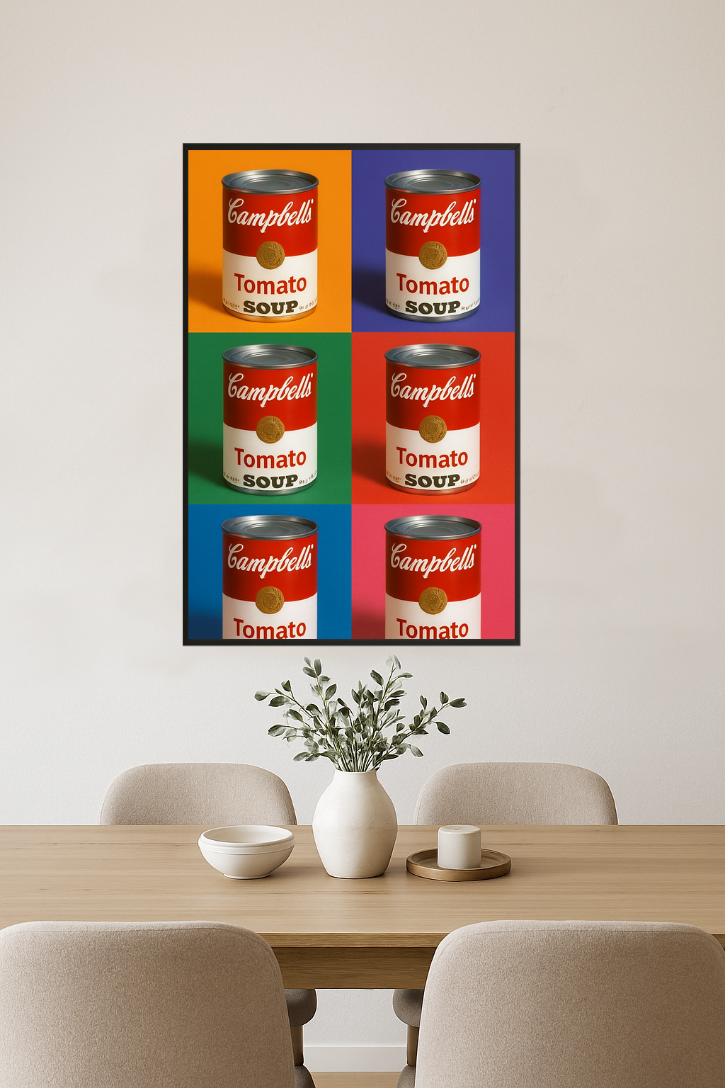 Six colorful cans of Campbell's Tomato Soup in various backgrounds.- jadalnia