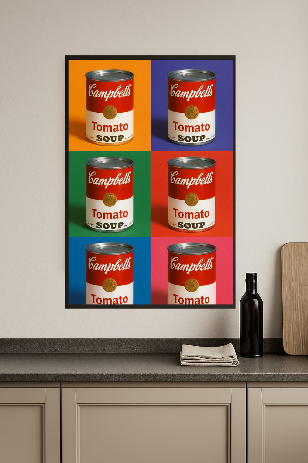 Six colorful cans of Campbell's Tomato Soup in various backgrounds.- kuchnia