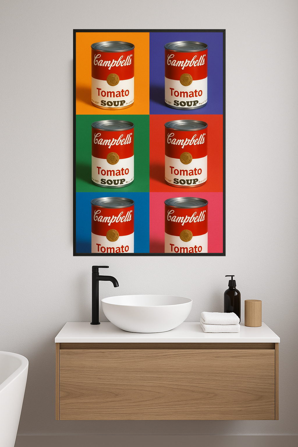 Six colorful cans of Campbell's Tomato Soup in various backgrounds.- lazienka
