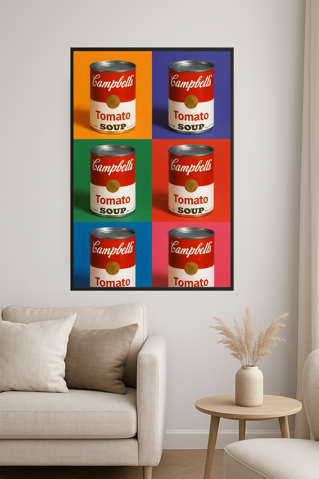 Six colorful cans of Campbell's Tomato Soup in various backgrounds.- salon