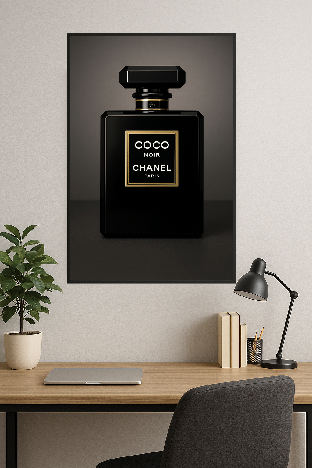 Chanel Coco Noir perfume bottle with black and gold design.- gabinet
