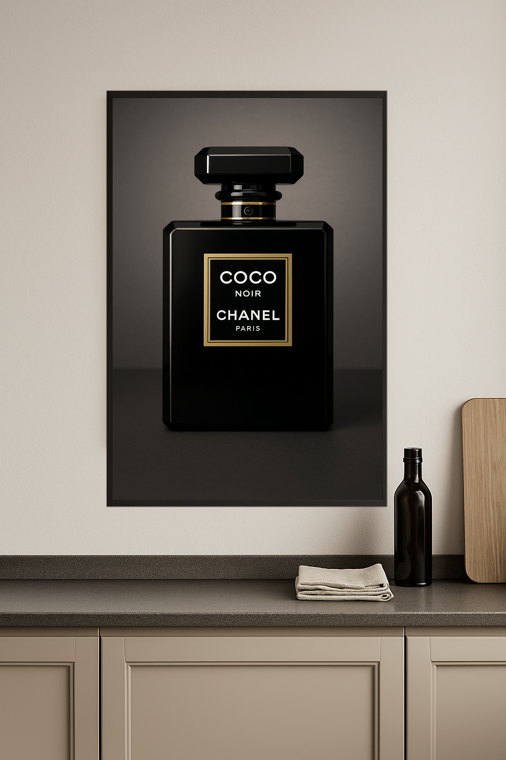 Chanel Coco Noir perfume bottle with black and gold design.- kuchnia