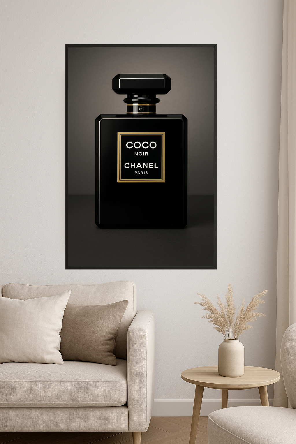 Chanel Coco Noir perfume bottle with black and gold design.- salon