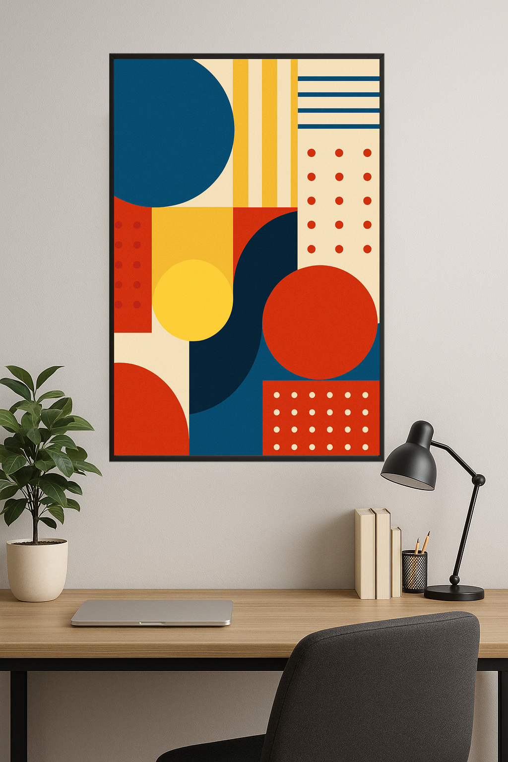 Geometric abstract art with colorful shapes and patterns.- gabinet