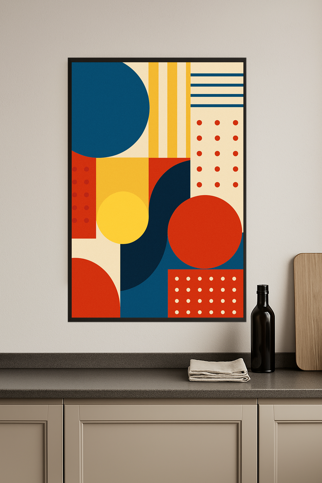 Geometric abstract art with colorful shapes and patterns.- kuchnia
