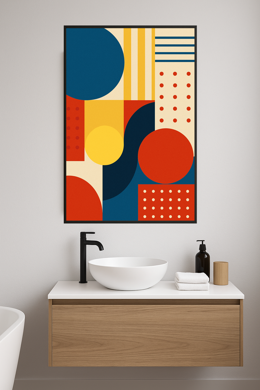Geometric abstract art with colorful shapes and patterns.- lazienka