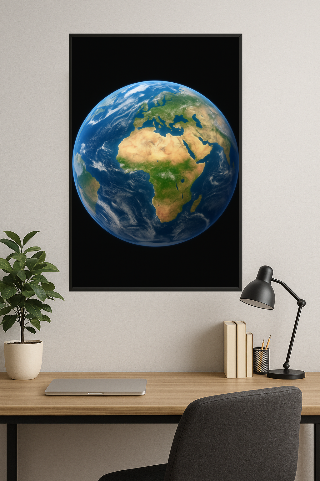 Spherical image of Earth with blue oceans and green-brown continents.- gabinet