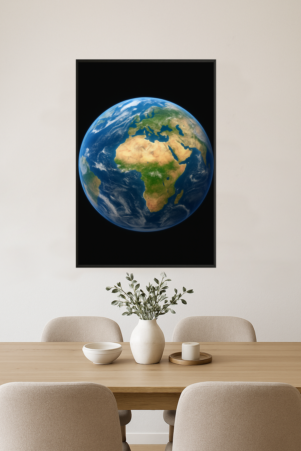 Spherical image of Earth with blue oceans and green-brown continents.- jadalnia