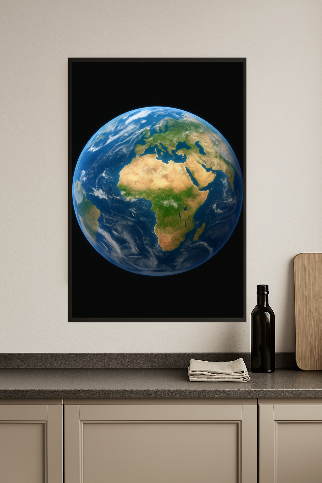 Spherical image of Earth with blue oceans and green-brown continents.- kuchnia