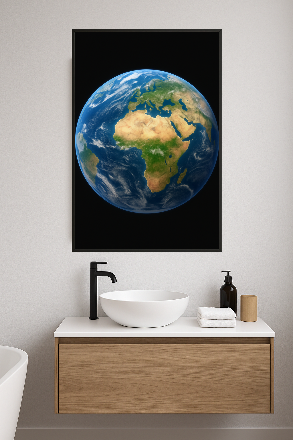 Spherical image of Earth with blue oceans and green-brown continents.- lazienka