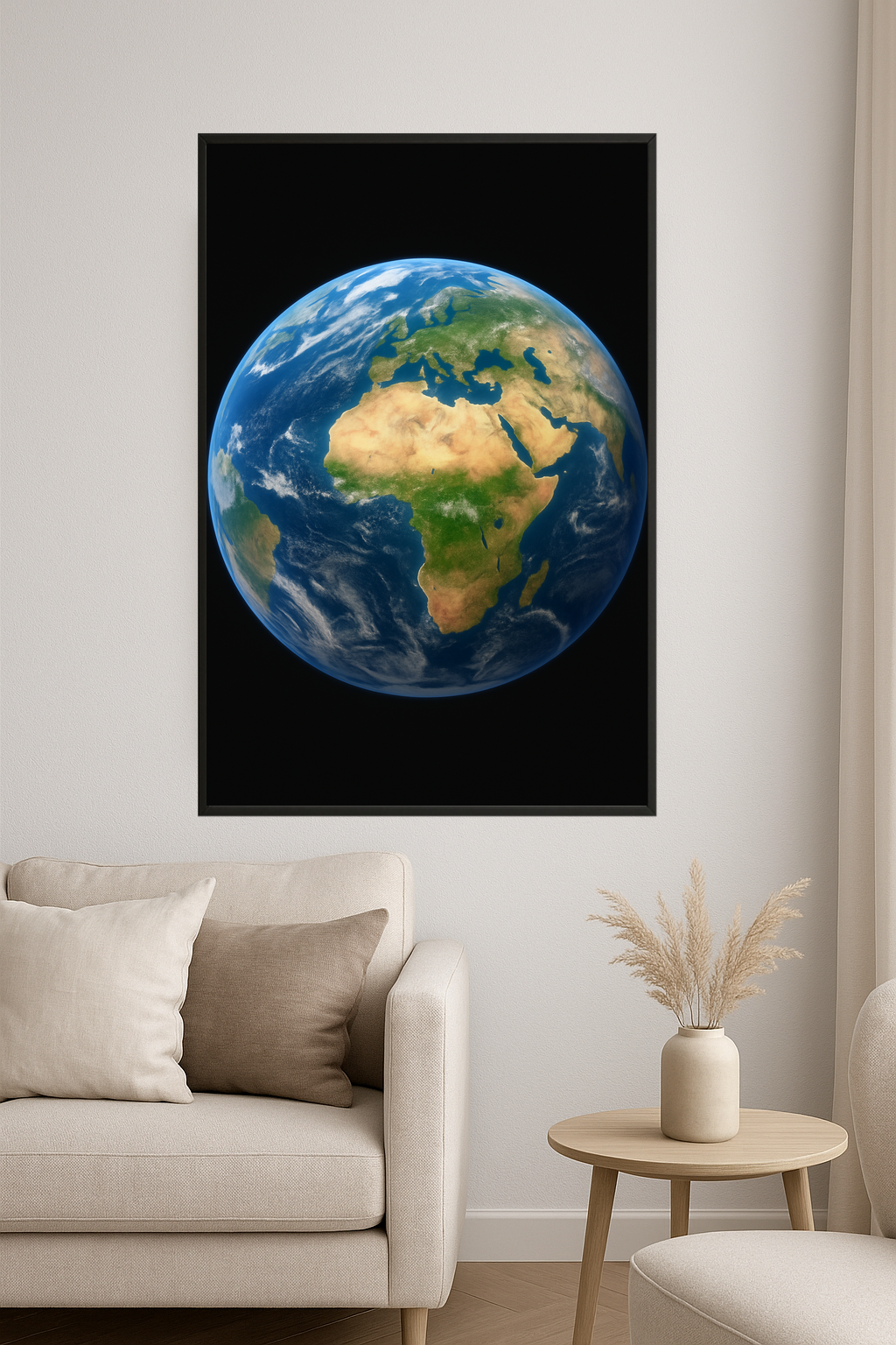 Spherical image of Earth with blue oceans and green-brown continents.- salon
