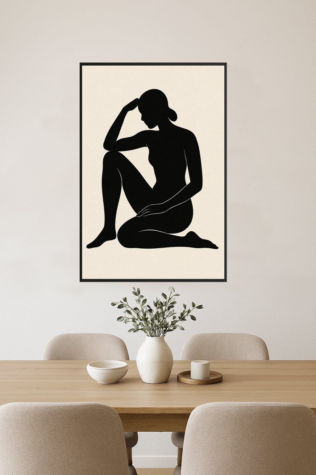 Silhouette of a seated female figure in a relaxed pose.- jadalnia