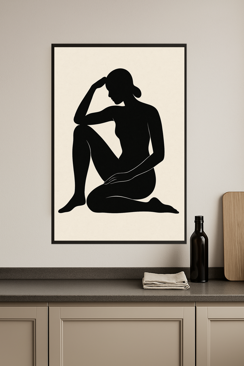 Silhouette of a seated female figure in a relaxed pose.- kuchnia