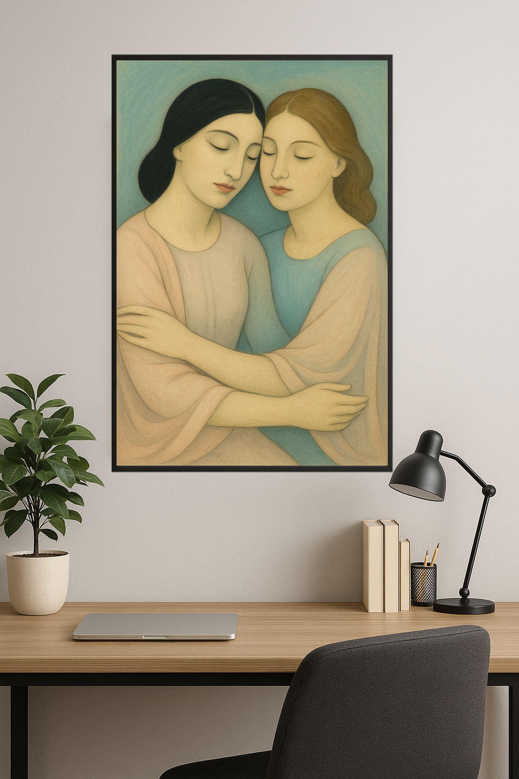 Two women embracing, wearing soft pink and blue shawls, with serene expressions.- gabinet
