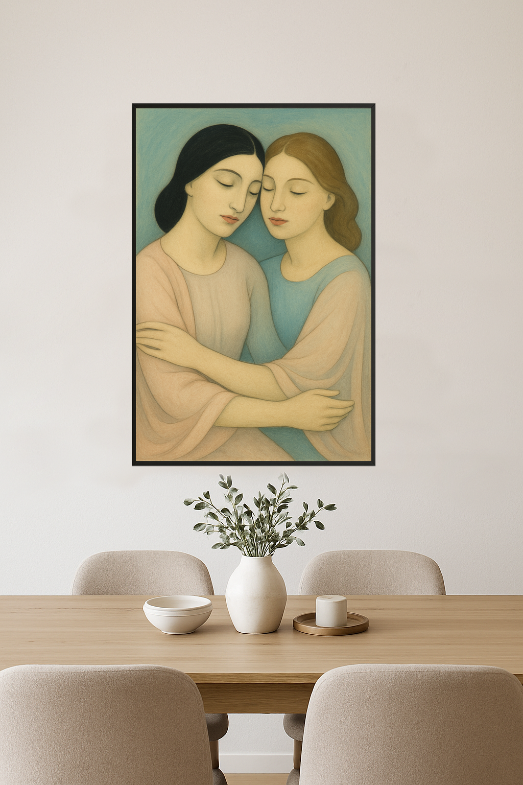 Two women embracing, wearing soft pink and blue shawls, with serene expressions.- jadalnia