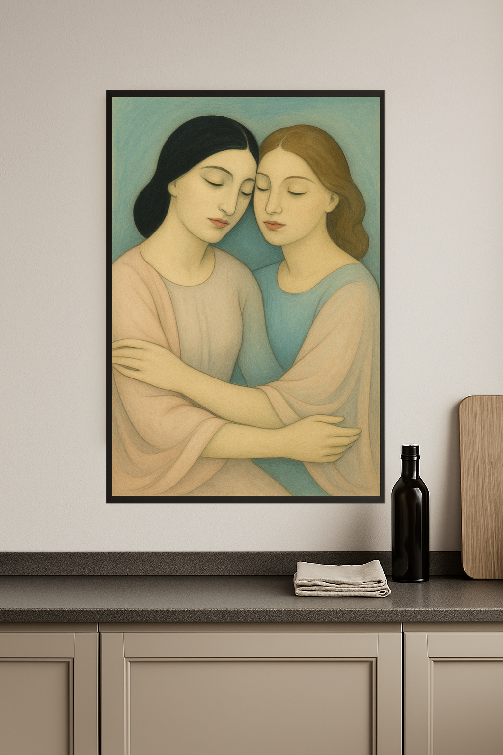 Two women embracing, wearing soft pink and blue shawls, with serene expressions.- kuchnia
